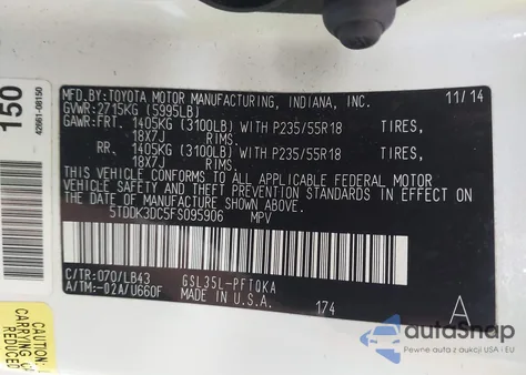 2015 Toyota Sienna Limited Premium 7 Passenger из США, поврежденный, VIN 5TDDK3DC5FS095906